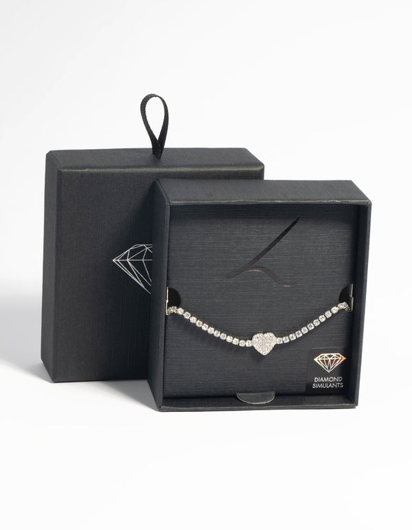 Rhodium Pave Diamante Heart Bracelet