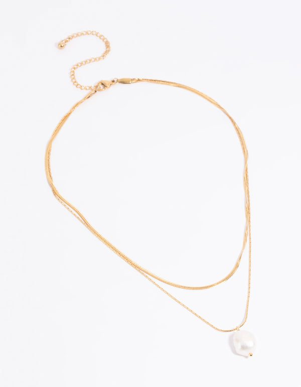 Waterproof Gold Plated Stainless Steel Snake Chain & Freshwater Pearl Layered Necklace