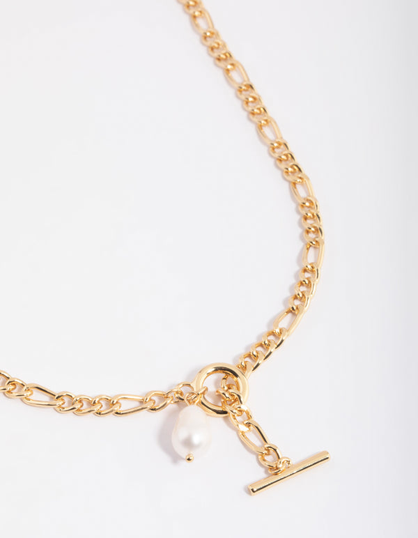 Gold Plated Figaro Freshwater Pearl Necklace