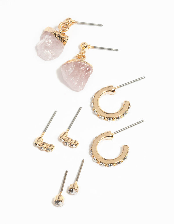 Gold Rose Quartz Stacking Earrings