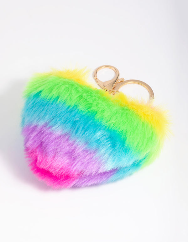 Kids Rainbow Fluffy Heart Keyring