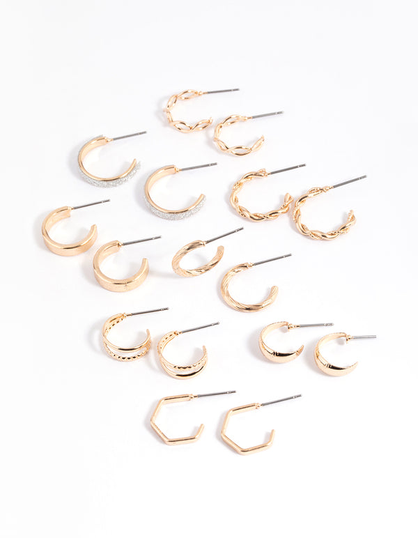 Gold Glittered & Textured Hoop Earring 8-Pack