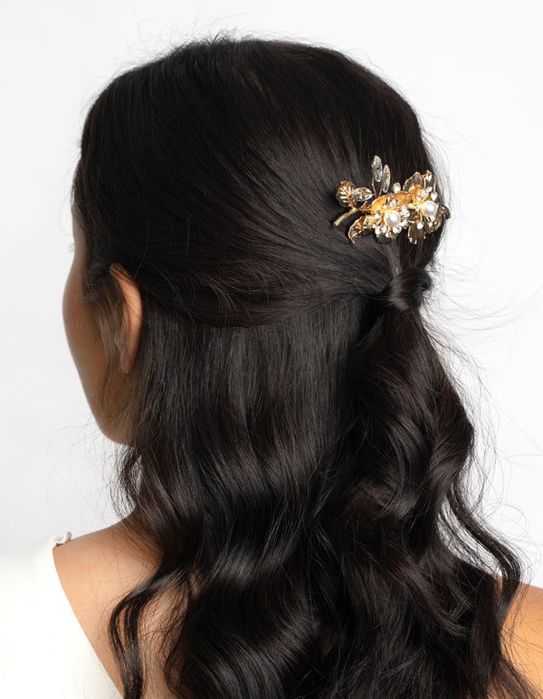 Gold Diamante & Pearl Flower Comb