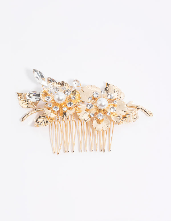 Gold Diamante & Pearl Flower Comb
