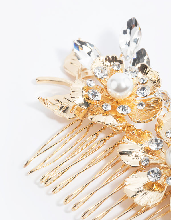 Gold Diamante & Pearl Flower Comb