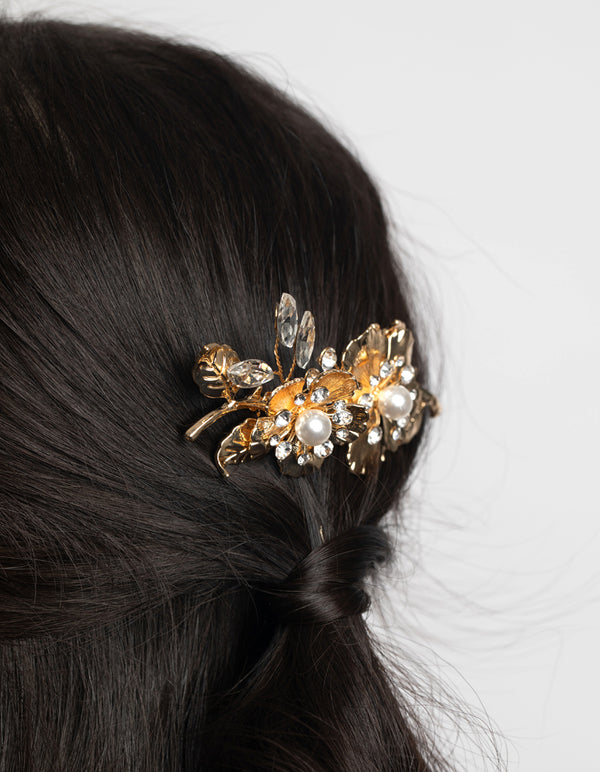 Gold Diamante & Pearl Flower Comb