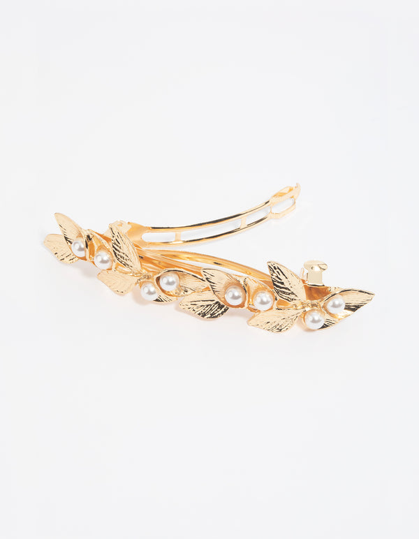 Gold Leaf & Pearl Barette Clip