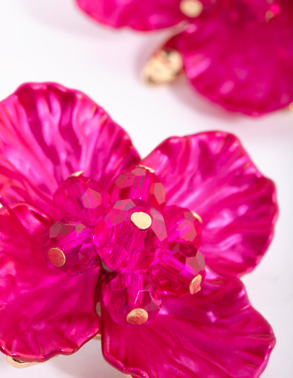 Fuchsia Pearlised Flower Stud Earrings
