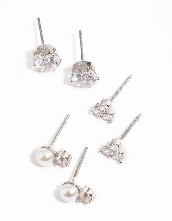 Silver Cubic Zirconia Pearl Stud Earring Pack