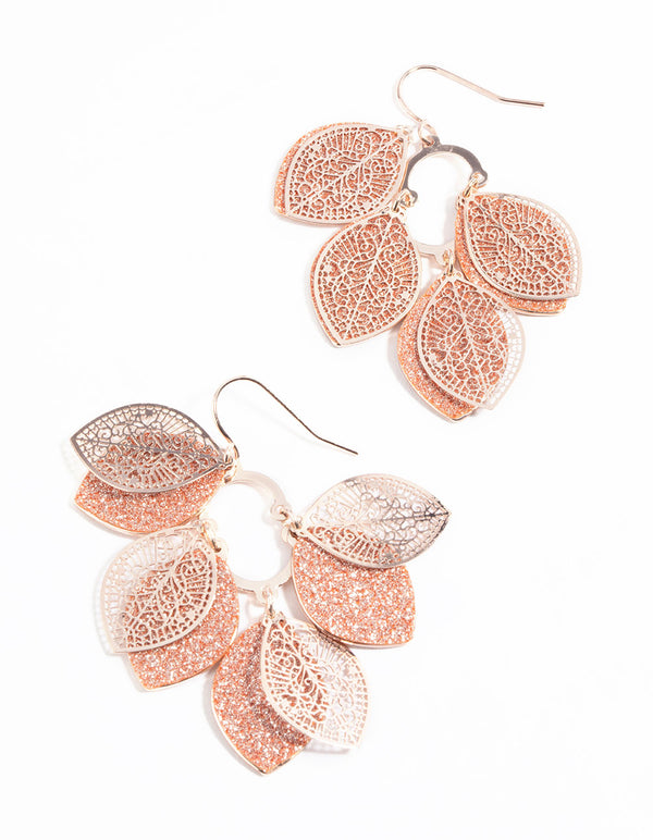 Rose Gold Glitter Leaf Drop Earrings
