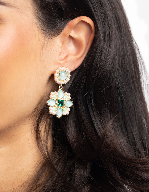 Green Statement Stone & Pearl Drop Earrings