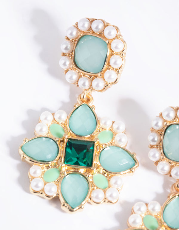 Green Statement Stone & Pearl Drop Earrings