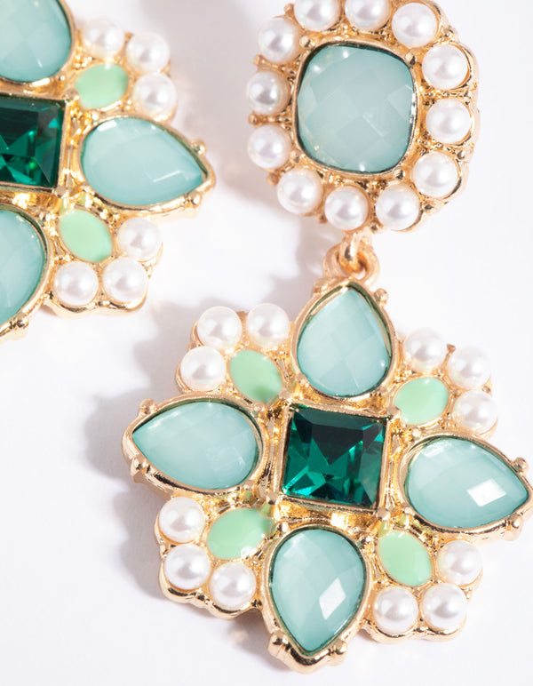 Green Statement Stone & Pearl Drop Earrings