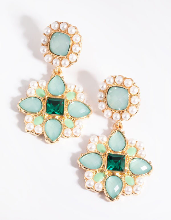 Green Statement Stone & Pearl Drop Earrings