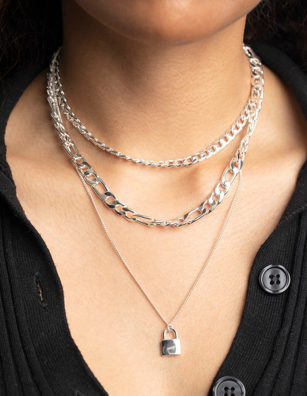 Silver Padlock Layered Necklace