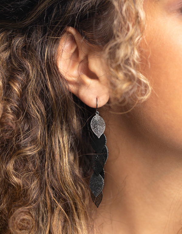 Matte Black Glitter Leaf Drop Earrings
