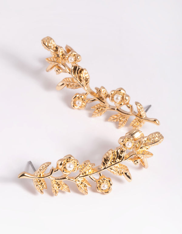 Gold Floral Branch Cuff Earrings