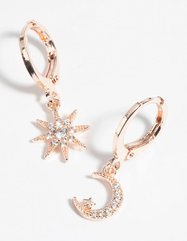 Rose Gold Diamante Celestial Huggie Hoop Earrings