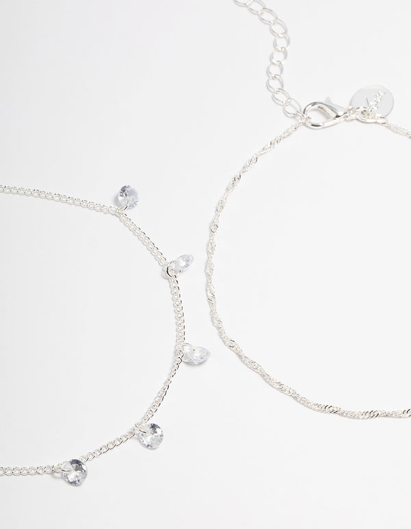 Silver Cubic Zirconia Dainty Anklet Pack