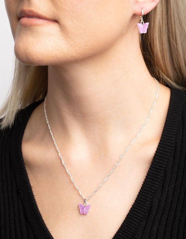 Mixed Metal Butterfly Necklace & Huggie Hoop Earrings