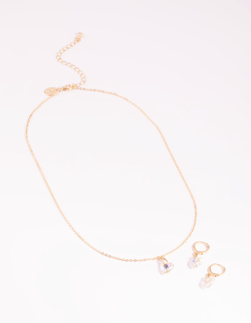 Iridescent Diamante Heart Necklac eand Huggie Hoop Earrings