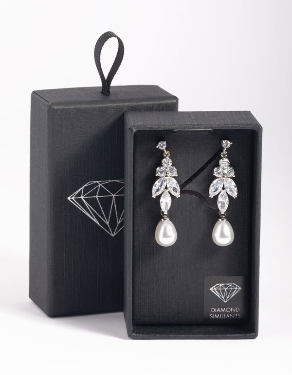 Silver Diamond Simulant Marquise Pearl Drop Earrings