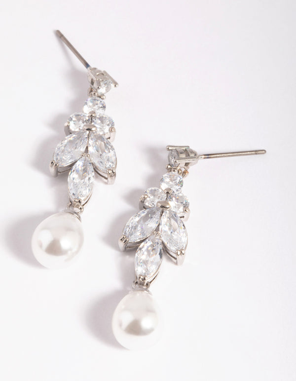 Silver Diamond Simulant Marquise Pearl Drop Earrings