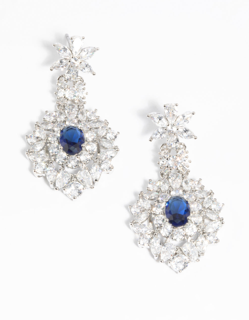 Rhodium Diamond Simulant Sapphire Drop Earrings