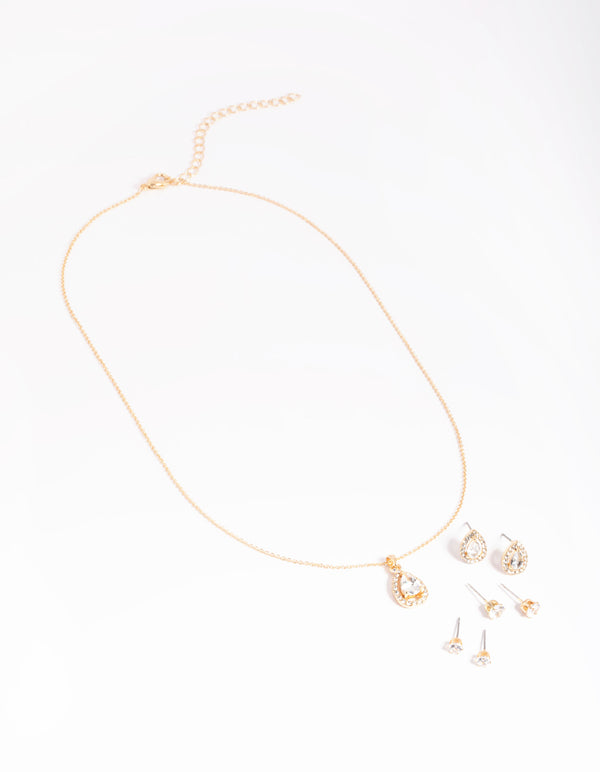 Gold Diamond Simulant Diamante & Pearl Necklace & Earrings Set