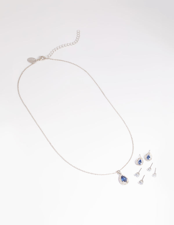 Diamond Simulant Sapphire Necklace & Earrings Set