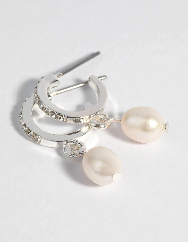Silver Plated Diamante & Freshwater Pearl Huggie Hoop Earrings