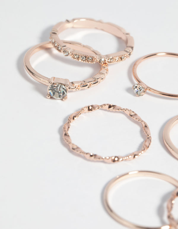 Rose Gold Plated Diamante Ring 7-Pack