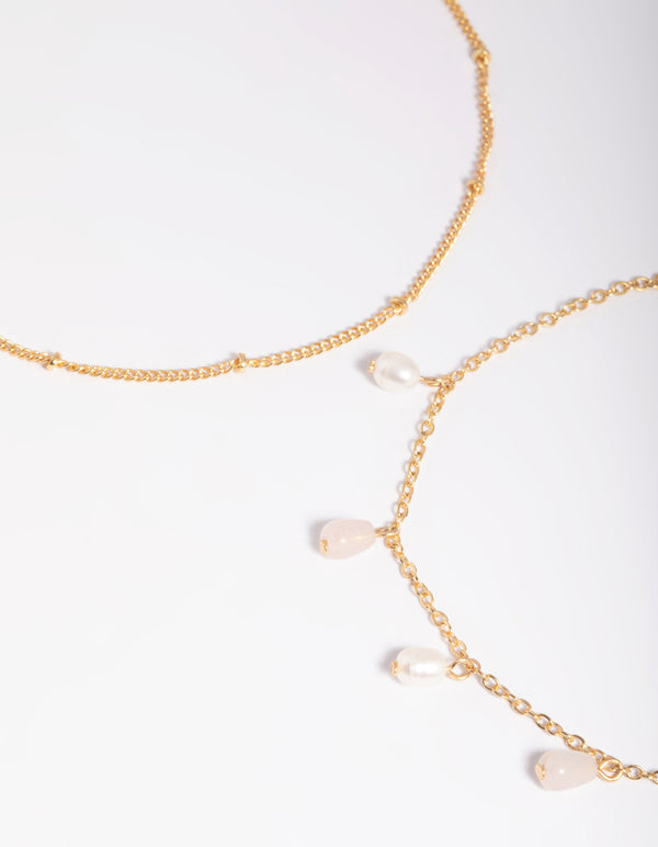 Gold Plated Rose Quartz & Freshwater Pearl Anklet