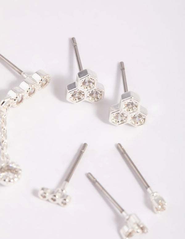 Silver Cubic Zirconia Round Stud Earring 7-Pack