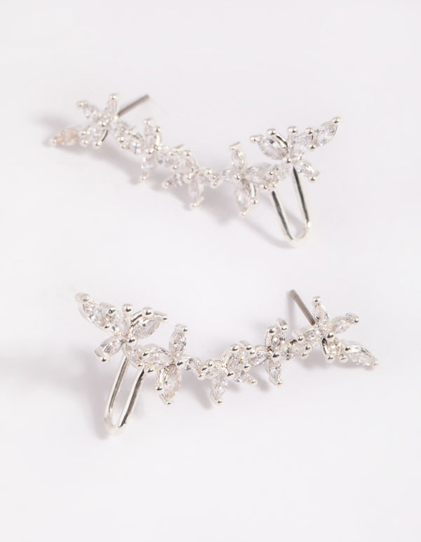 Silver Cubic Zirconia Floral Cuff Earrings