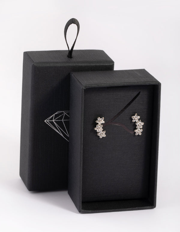 Silver Flower Cluster Crawler Stud Earrings