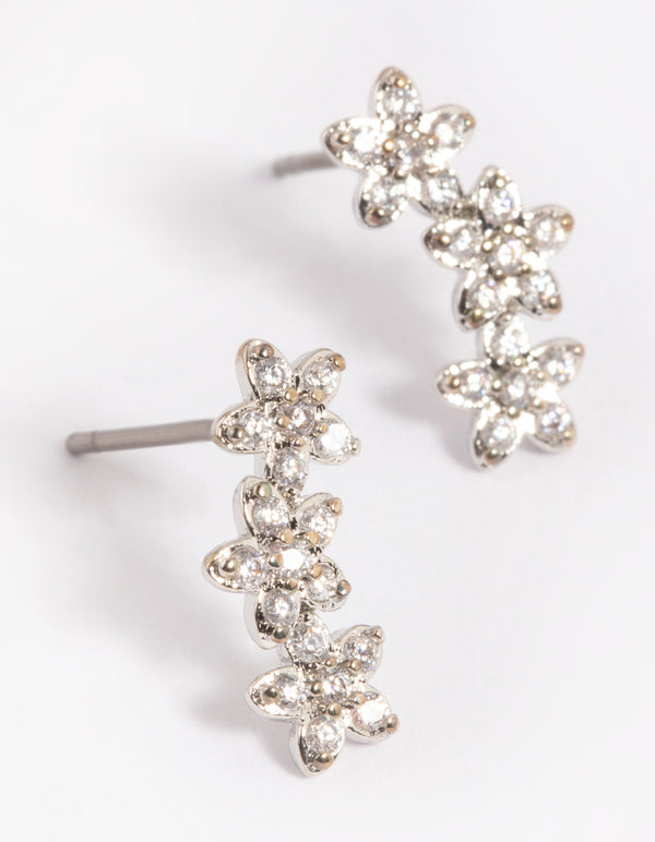 Silver Flower Cluster Crawler Stud Earrings