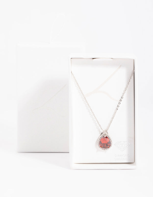 Red Cubic Zirconia Pear Halo Necklace