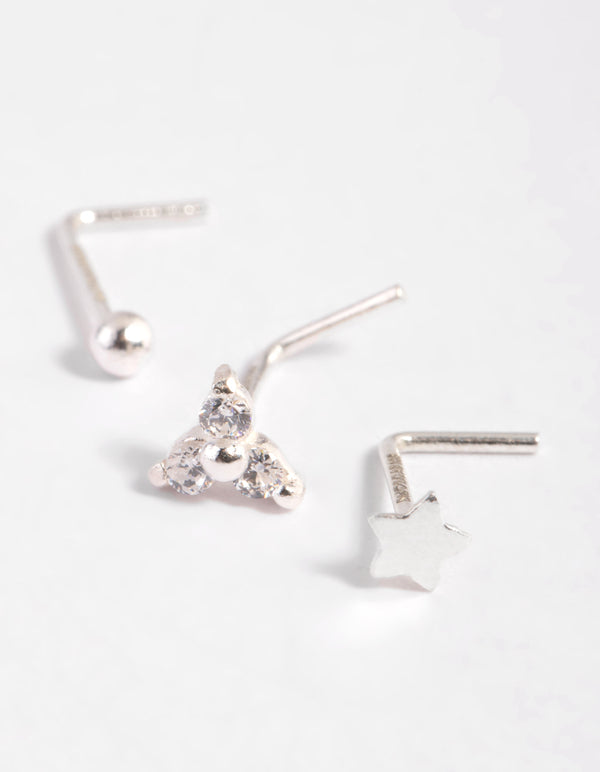 Sterling Silver Star & Flower Nose Stud Pack