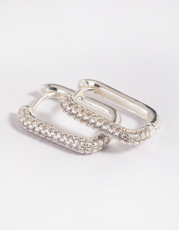 Silver Plated Brass Cubic Zirconia Rectangular Hoop Earrings