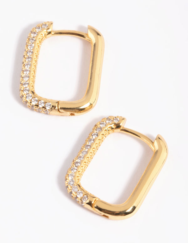 Gold Plated Brass Cubic Zirconia Rectangular Hoop Earrings