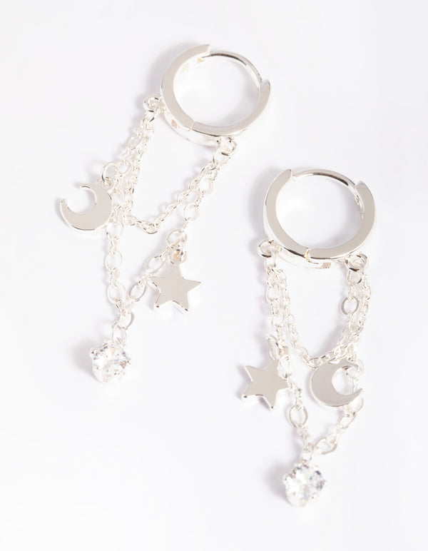 Silver Plated Cubic Zirconia Star & Moon Huggie Hoop Earrings