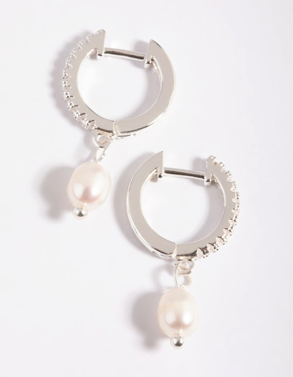 Silver Plated Brass Cubic Zirconia Pearl Huggie Hoop Earrings