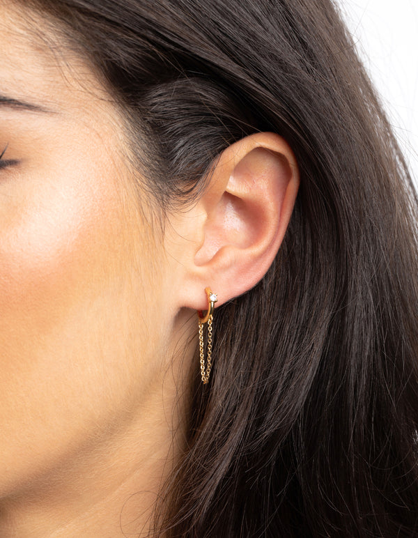 Gold Plated Cubic Zirconia Chain Huggie Hoop Earrings