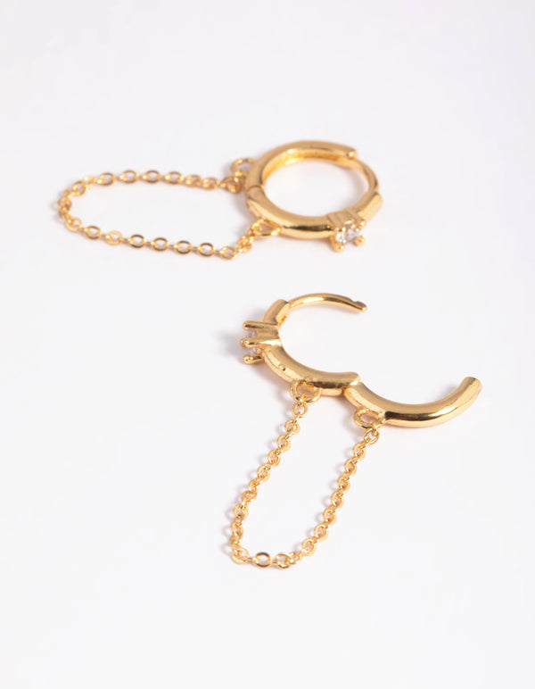 Gold Plated Cubic Zirconia Chain Huggie Hoop Earrings