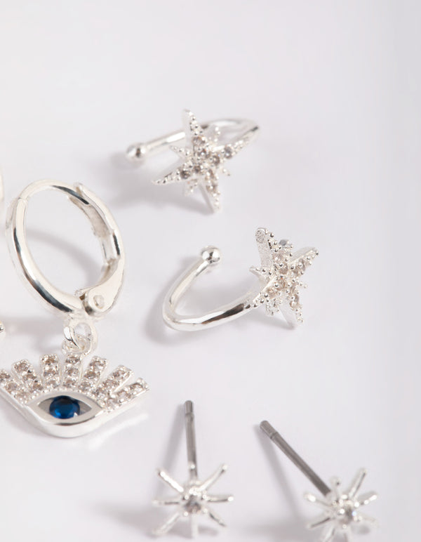 Silver Plated Cubic Zirconia Evil Eye Earring Stack 6-Pack