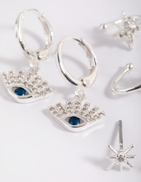 Silver Plated Cubic Zirconia Evil Eye Earring Stack 6-Pack