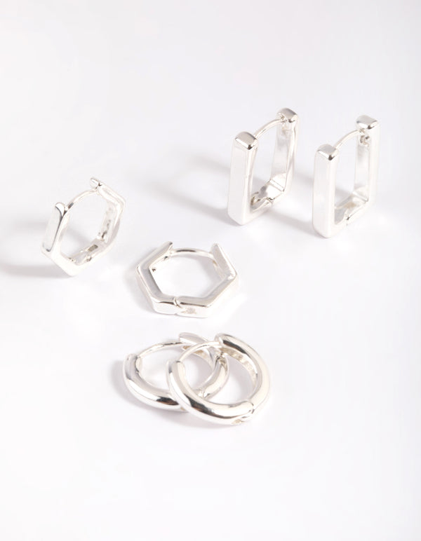 Silver Plated Brass Hexagon Earring Stack 6-Pack