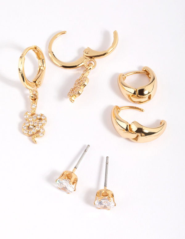 Gold Plated Cubic Zirconia Snake Earring Stack 6-Pack