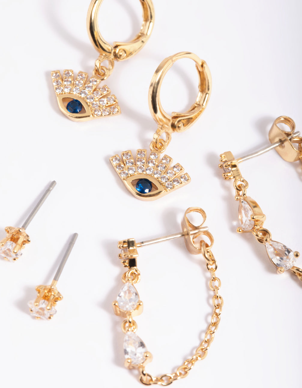 Gold Plated Brass Cubic Zirconia Evil Eye Earring Stack 6-Pack